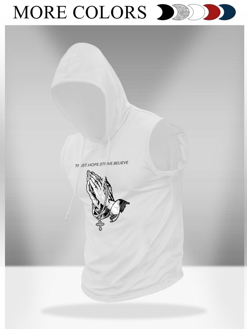 Men's Regular Fit Cross Print Hooded Tank Top, Casual Sleeveless Graphic Hoodies Vest for Summer, Men's Top for Daily Wear, Sweatshirts