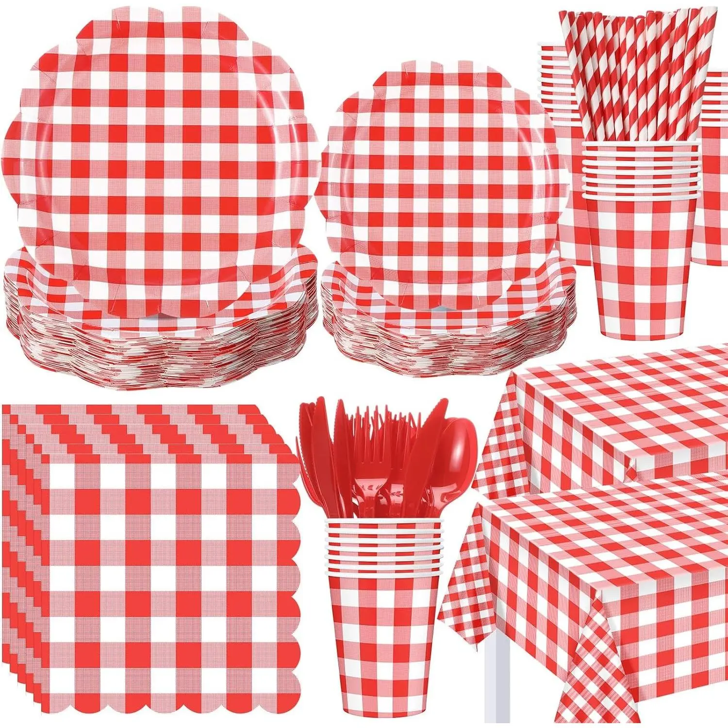 452 Pcs Red Gingham Party Supplies for 50, Red and White Gingham Checkered Paper Plates Napkins Cups Tablecloth Cutlery Straws for Birthday Family Picnic Camping Barbecue Party Decoration