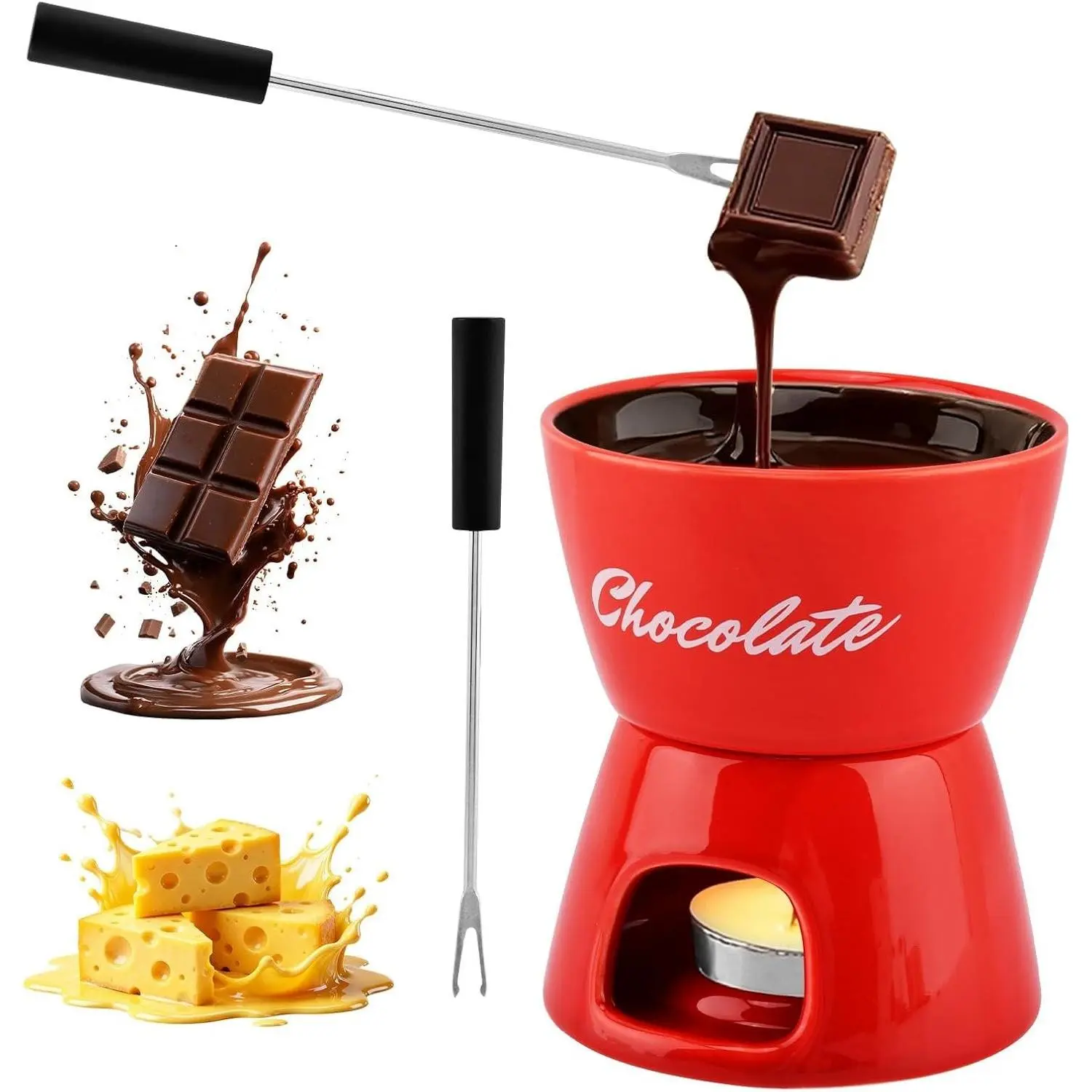 Ceramic Chocolate Melting Fondue Cup Set with 2 Dipping Forks, Mini Melting Mug for Melting Chocolate, Butter and Cheese, Great Gift for Date Night Birthday Wedding