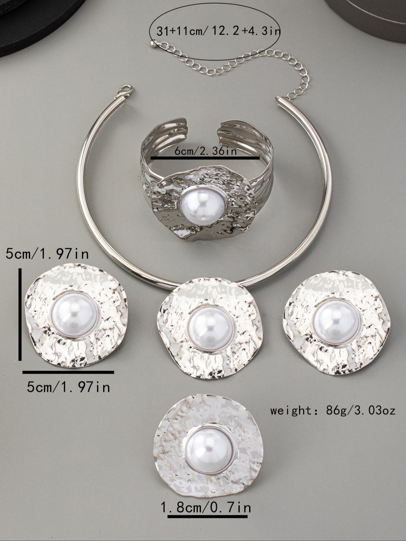 Faux Pearl Decorated Textured Metal Design Jewelry Set, Including Ring & Earrings & Bracelet & Necklace, Fashion Accessories for Women, Trendy All-match & Exquisite Jewelry for Birthday Gift