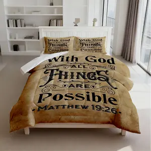 2/3PCS Vintage Matthew 19:26 Comforter Set, "With God All Things Are Possible" Christian Bedding, Soft Microfiber, Filled Quilt Set for Bedroom Dorm Decor, Religious Gift, No Pillow Inserts