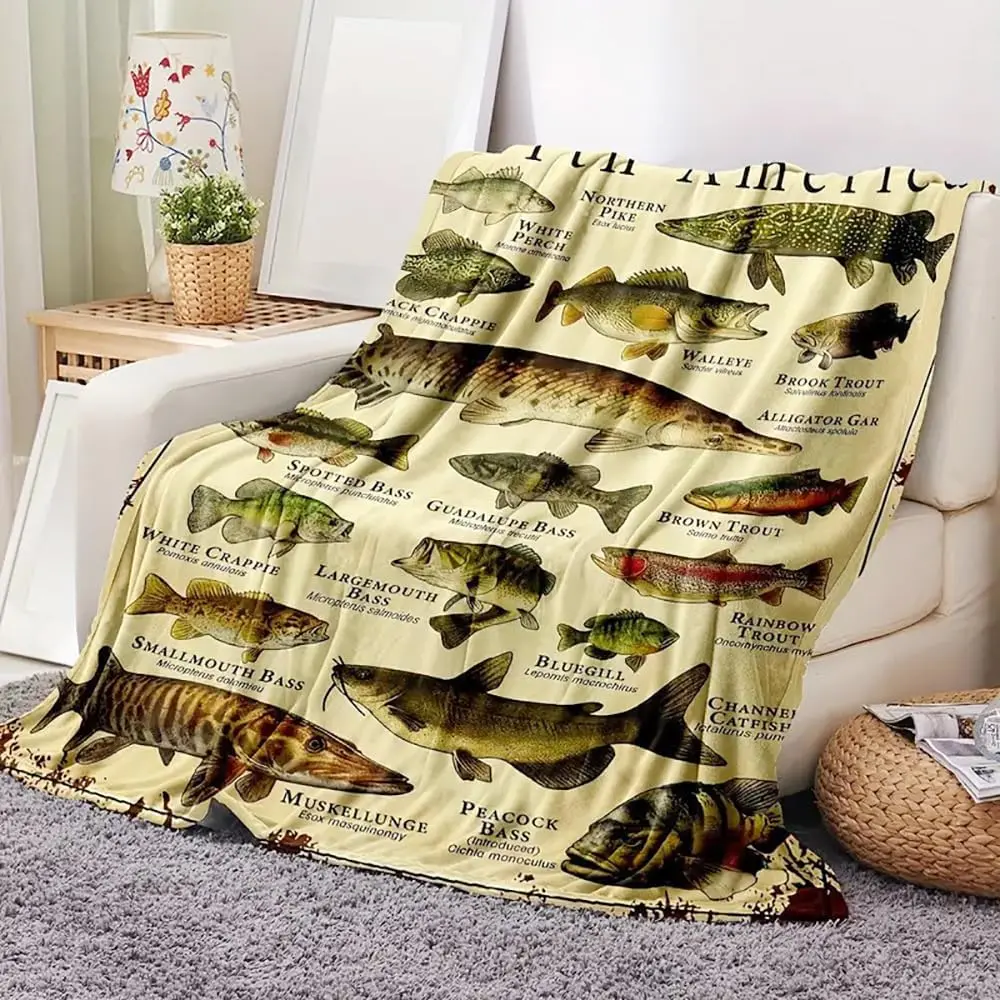 Soft Skin-Friendly 280 GSM Polyester All-Seasons Machine-Wash Fishing Blanket - North America Sports Fish Themed Gift for Dads - Unique Bass Fishing Present