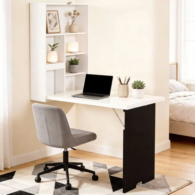 Wall Mounted Folding Desk with Storage, White Fold Out Computer Desk with 2 Adjustable Shelves, Space Saving Floating Laptop Writing Table for Small Spaces, Home Office, Bedroom and Apartment, 45 lb Weight Capacity