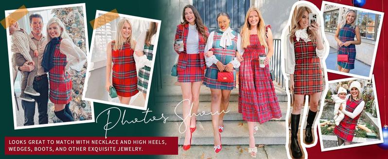 Women's Plaid Christmas Dress Mini Sleeveless Round Neck A Line Short Xmas Party Dresses