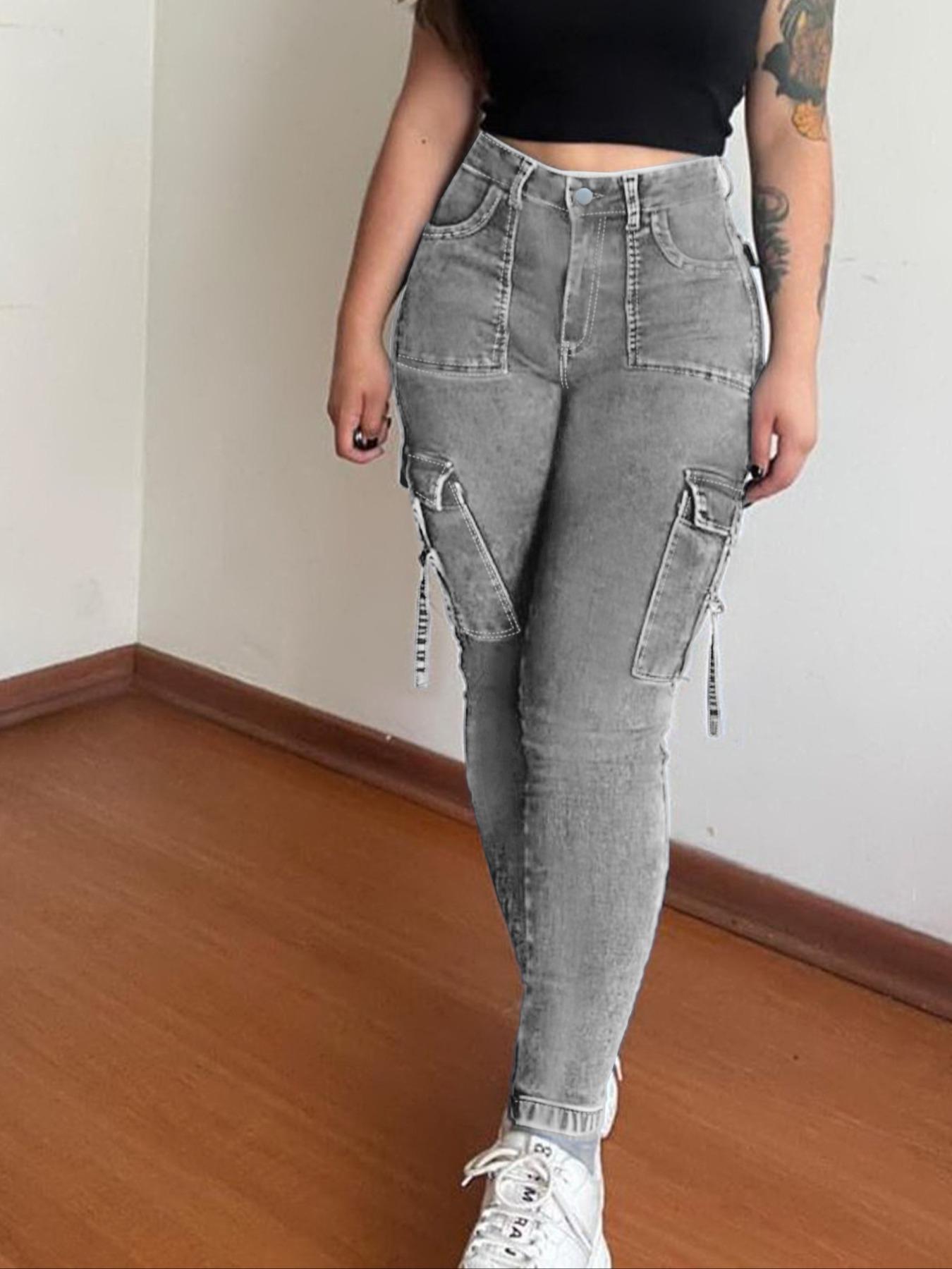 Women's Plain Multi-pocket Denim Elastic Slim Fit Button Cargo Pants, Casual Street Trousers for Everyday Wear, Ladies' Bottoms for All Seasons, Jeans with Pockets, Womenswear