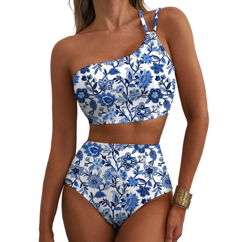 "Floral One-Shoulder Bikini Set - Vibrant High-Waist Swimwear for Summer"