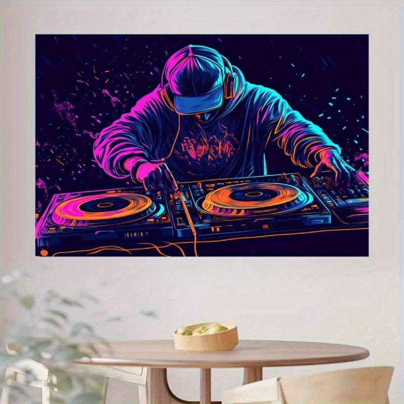 Large Synthetic Neon Mix Glow-in-the-Dark Polyester DJ Tapestry Backdrop - Non-Electric Luminous Mixing Console Design, Easy Setup Home Inspo Room Art for Parties, Photo Shoots (Purple, Blue, Pink, Orange, Black, Teal)