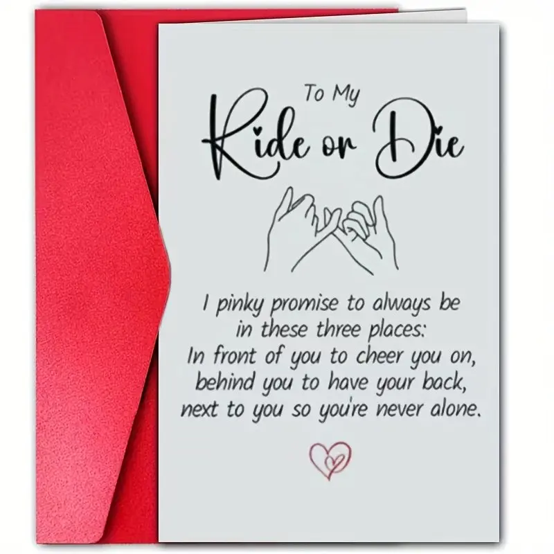 1pc Ride Or Die Friendship Card With Envelope Pinky Promise Message Card Greeting Card Best Friend Love Support Gift For Friends Partner Birthday Valentine's Day Anniversary Christmas