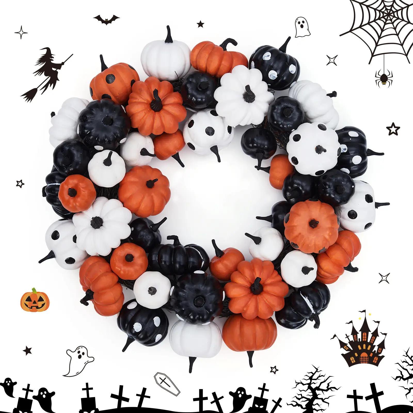 18-Inch Halloween Pumpkin Wreath, Black, White, and Yellow Artificial Pumpkins, PVC, for Front Door and Seasonal Decor