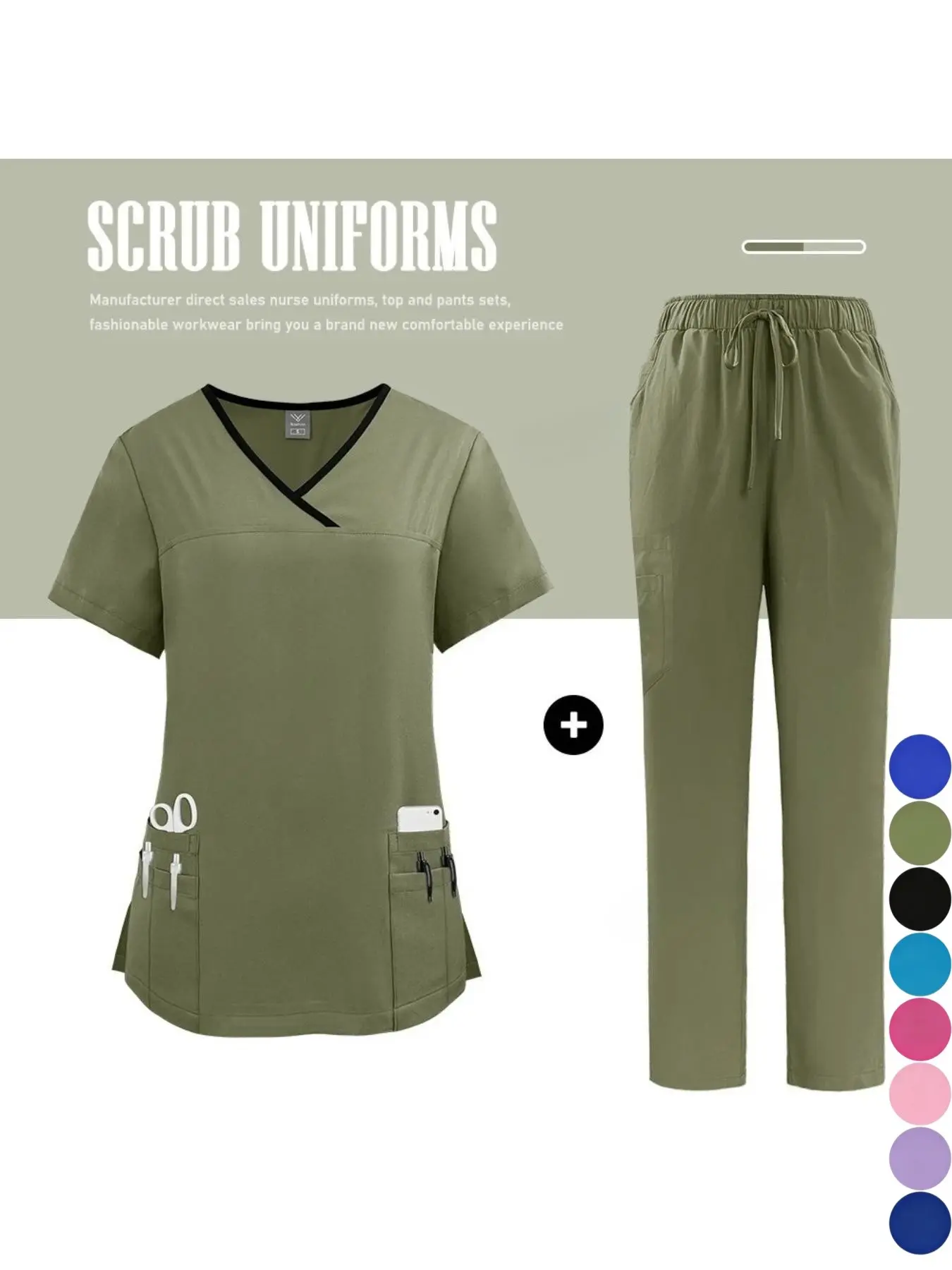 Women's Fitted Medical Scrub Set, Nurse Spa Dental Healthcare Uniform Top and Pants Workwear, Wholesale Style Clothes