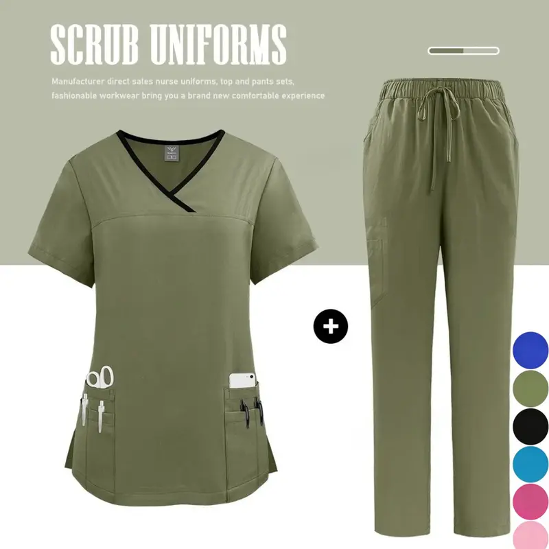 Women's Fitted Medical Scrub Set, Nurse Scrubs Spa Dental Healthcare Uniform Top and Pants Workwear, Wholesale Style Clothes