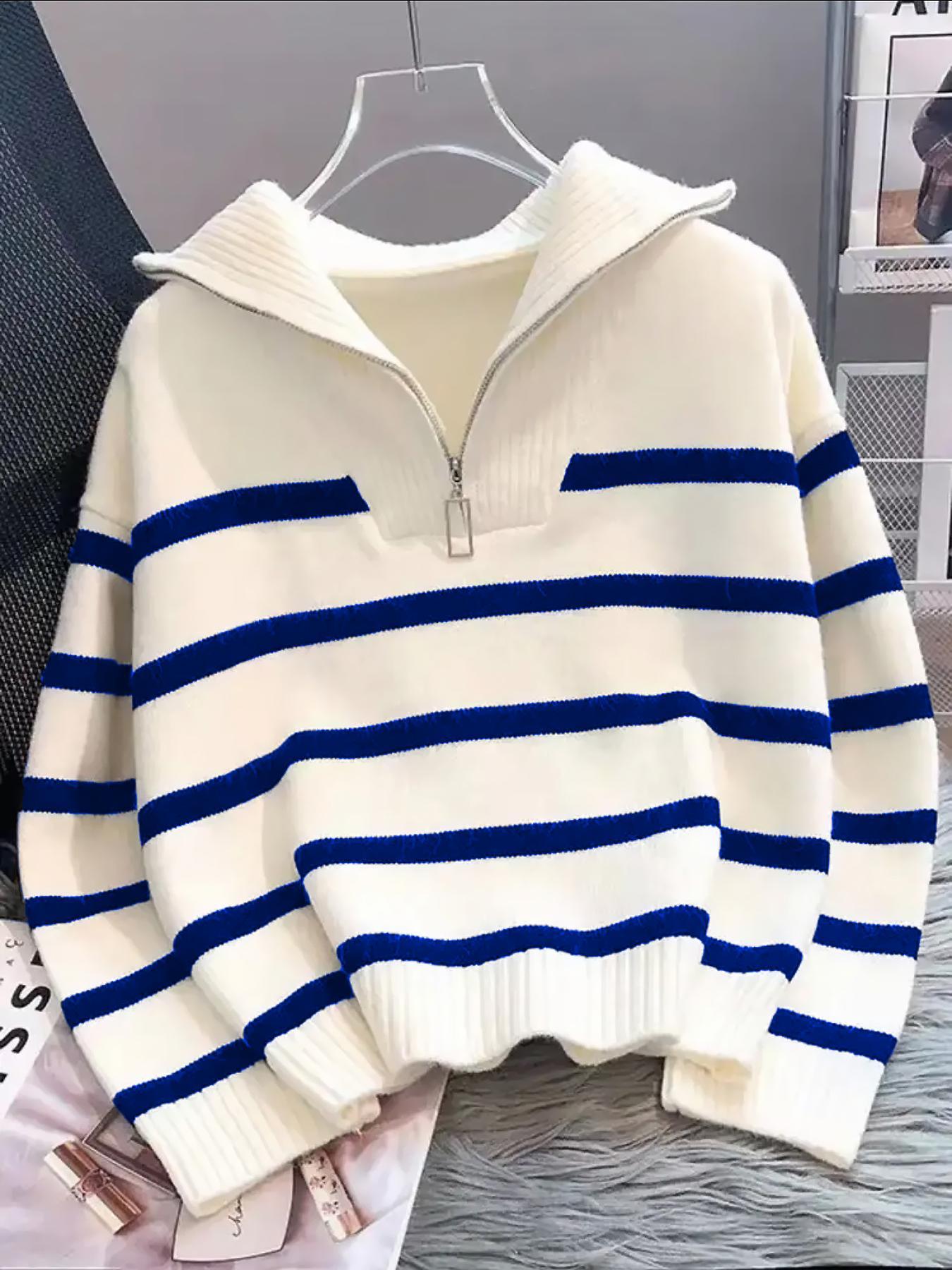 Women's Striped-Print Drop-Shoulder Sweater with Half-Zipper, Casual Long-Sleeve Collared Jumper for Daily Outdoor Wear, Knitwear for Fall & Winter, National Day Outfit