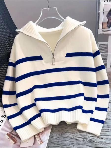 Women's Striped-Print Drop-Shoulder Sweater with Half-Zipper, Casual Long-Sleeve Collared Jumper for Daily Outdoor Wear, Knitwear for Fall & Winter, National Day Outfit
