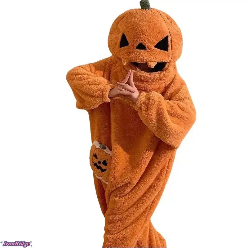 [IronRidge] Women's Hooded Onesie Pajamas - Thick Smooth Fleece, Zippered, Cute Cartoon Pumpkin Print, Relaxed Fit, Long Sleeve Jumpsuit Costume, Casual Sleepwear, Party Gift Loungewear Piece for Trick-or-Treat