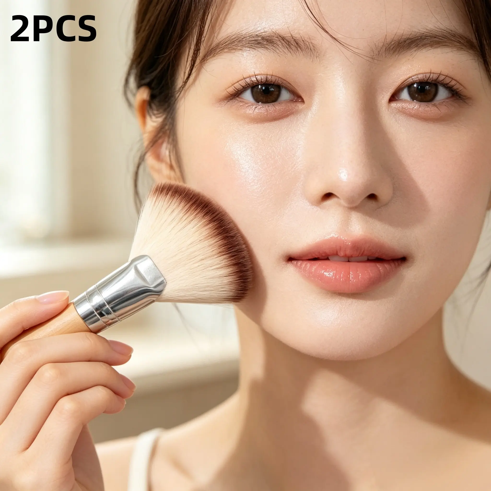 2PCS Fan Makeup Brush with Wooden Handle, Large Soft Bristle Highlighter Brush, Blush Powder Brush for Face Makeup