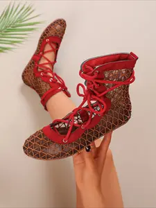 Hollow fishnet lace-up tall boots, breathable flat summer shoes for Y2K boho vintage look