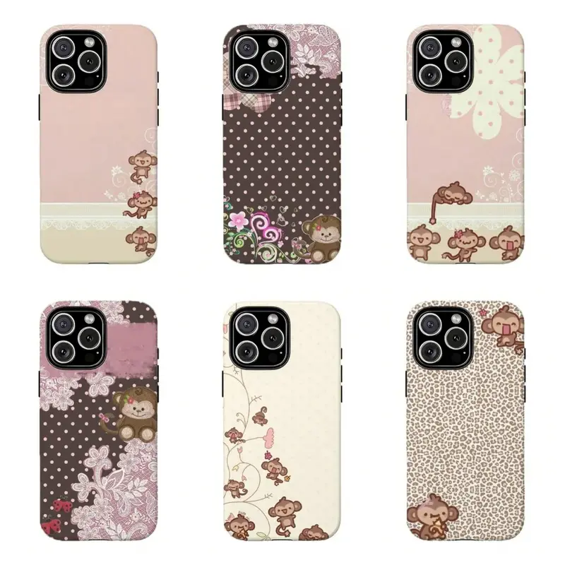 Cute Kawaii Monkey Print Phone Case - Coquette Floral, Polka Dot Protect Cover for iPhone 13 14 15 16 17 Pro Max Air, Multi-Model Fits iOS iPhone Series, Phone Accessories for Fans, Single