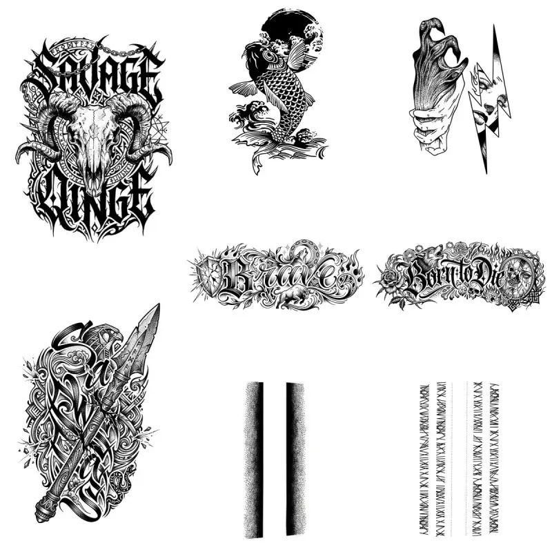 Revolutionary Chicano Gothic Script Semi-Permanent Tattoo Stickers, Dark Goat Skull Mermaid Ghost Hand Spear Fake Tattoos, Waterproof Herbal Large Letter Temporary Tattoos, Long Lasting 7-15 Days Street Punk Big Tattoo for Arm Calf Men