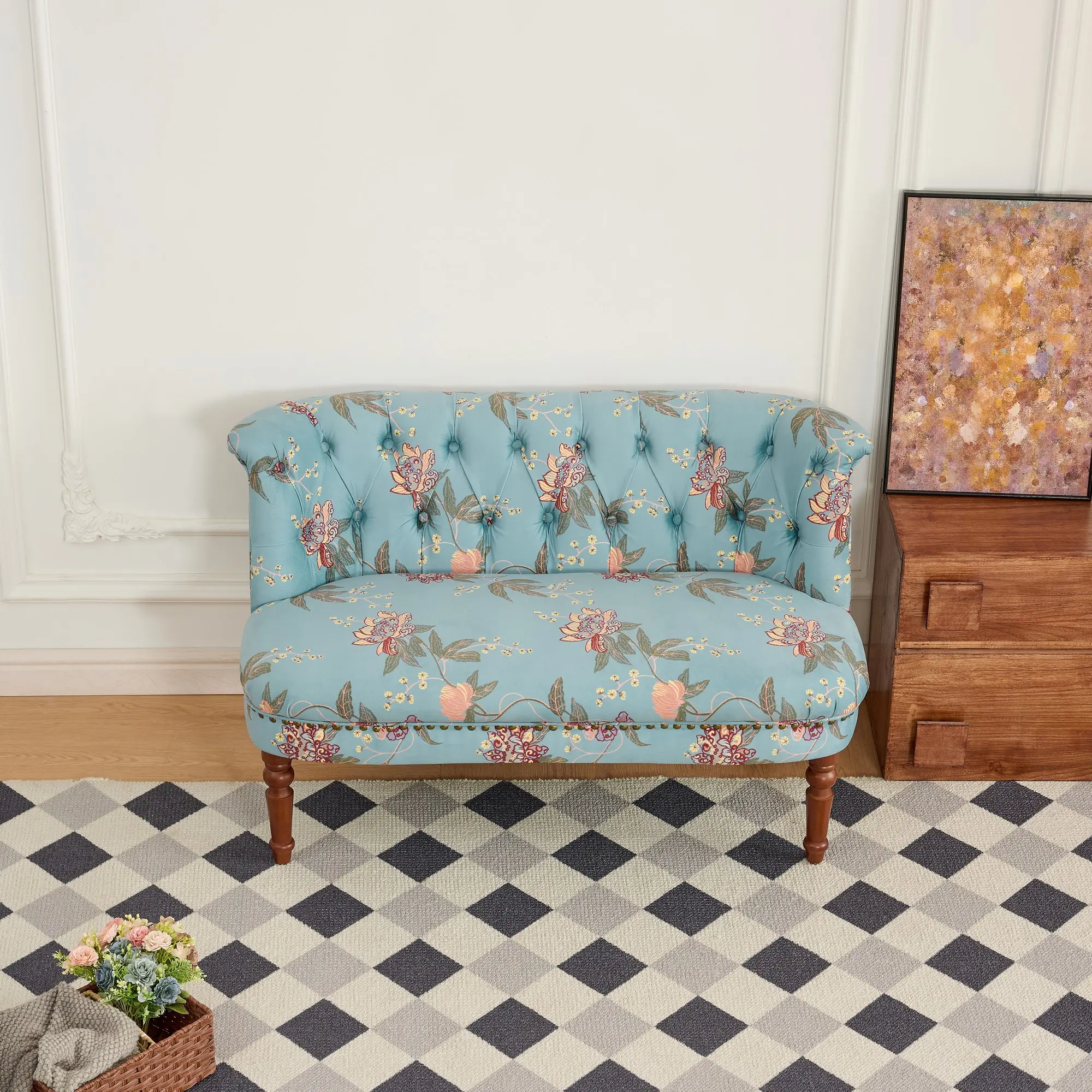 ARCH Tiffany Blue Floral Print Fabric Armchair, European Style Single Sofa Chair with Tufted Back, Solid Wood Legs, for Living Room, Bedroom, Dressing Room, 25.5"W x 47.25"D x 28"H, Accent Chair, Lounge Chair, Reading Chair, Tiffany Blue Color
