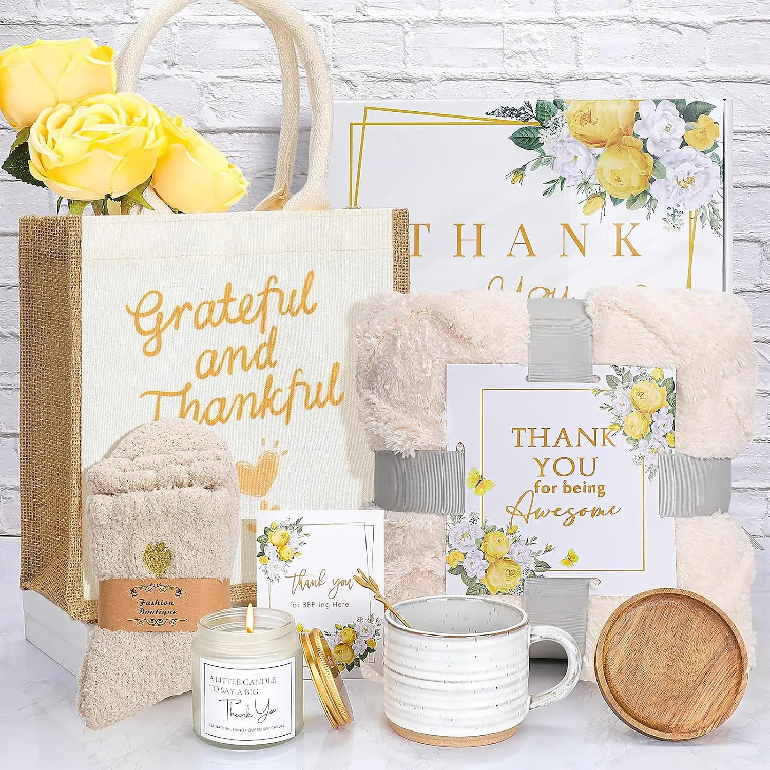Thank You Gifts for Women ,Teacher Employee Appreciation Gift Basket with Blanket, Mug, Candle, Socks, Tote Bag for Coworkers Boss Nurse Friends