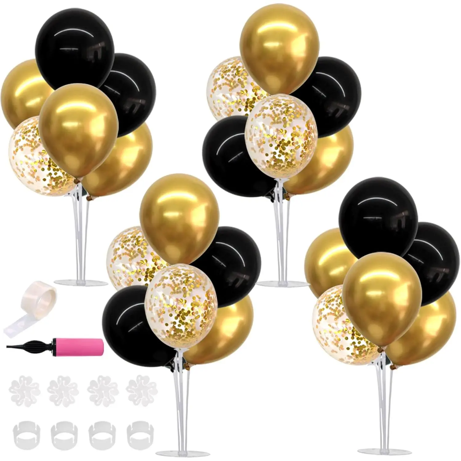 Black and Gold Balloon Centerpieces for Tables, 4-Set Stand Kit for 2026 Graduation, Birthday, Anniversary, and Retirement Party Decorations, Gold And Black Balloons, 4 Set Balloon Stand Kit