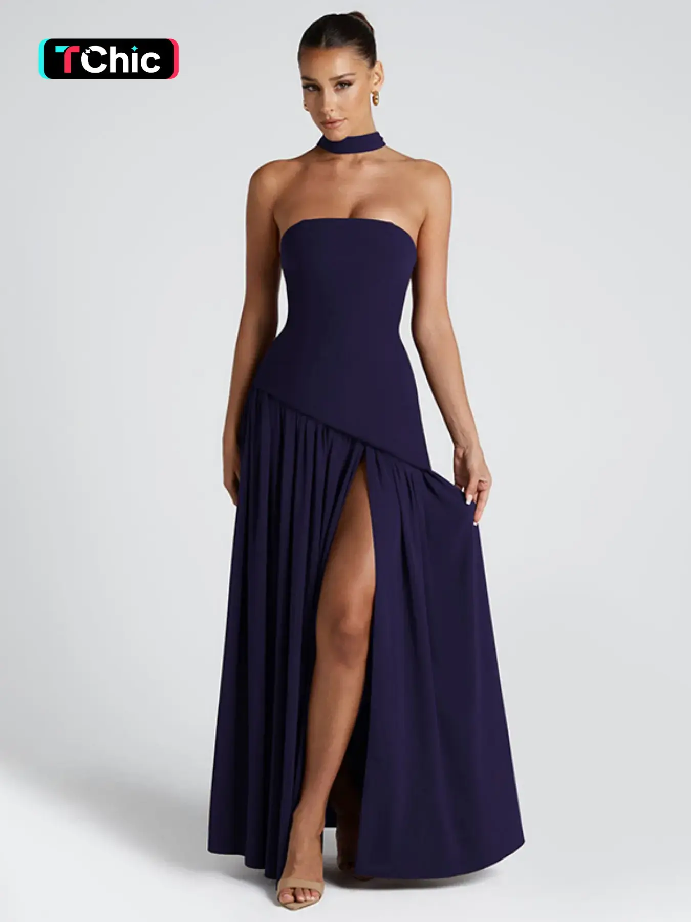 Women's Plain Split Thigh Body Con Tube Dress with Scarf, Elegant Strapless Dress for Party Club Beach Vacation, Ladies Clothes for All Seasons