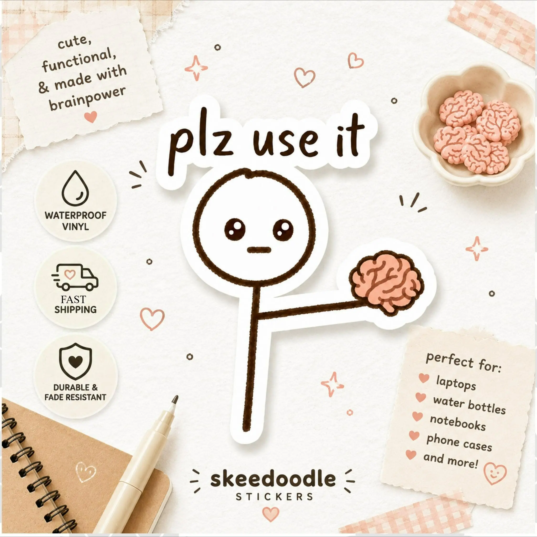 15pcs Brain Sticker Set, Durable Decorative Stickers for Water Bottles, Laptops, Planners, Phone Cases, Ideal Gift Idea