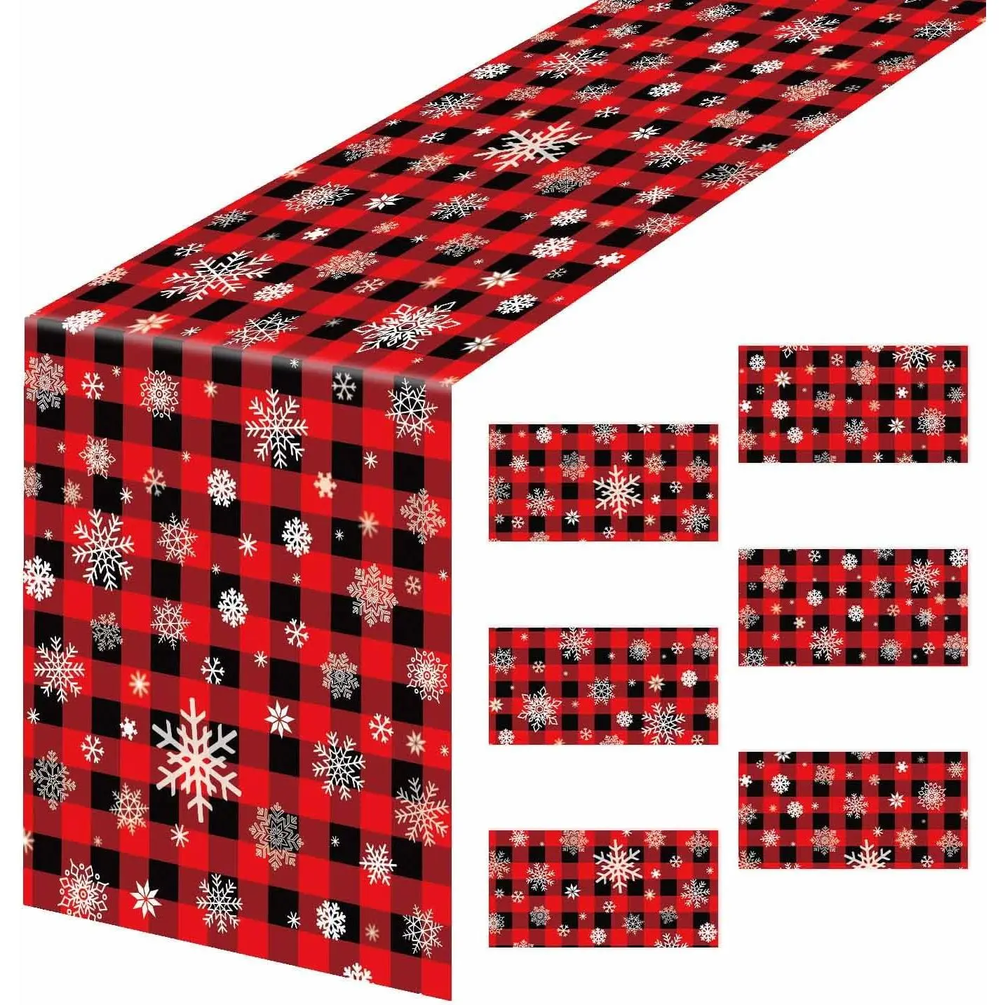 6 count Snowflake Christmas  Table Runner Plastic 14 x 108 Inch Disposable Red and Black Buffalo  Christmas Runner for Table Birthday Winter Xmas Party Gingham Runners