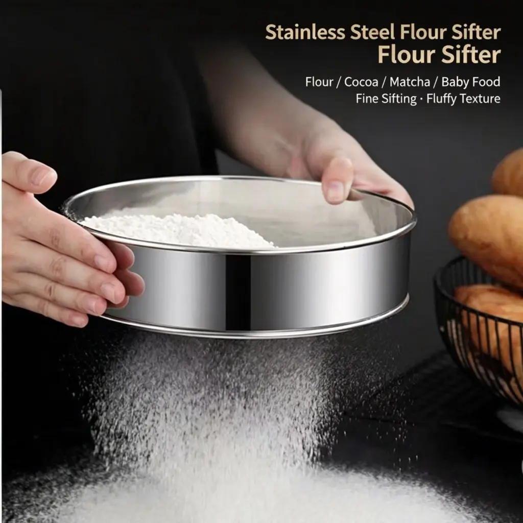 Stainless Steel Fine Mesh Flour Sifter, Kitchen Baking Tool, Baking Essentials, 60-Count Filter Screen, Ideal for Filtering Flours, Essential Bakery Equipment