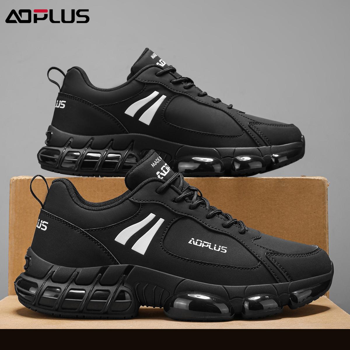 Black Samurai AOPLUS Sneakers: All-black cool style with white logo, air-cushion sole for soft cushioning, non-slip & durable for commute/light sports, comfy versatile & leg-lengthening, easy to wear daily!