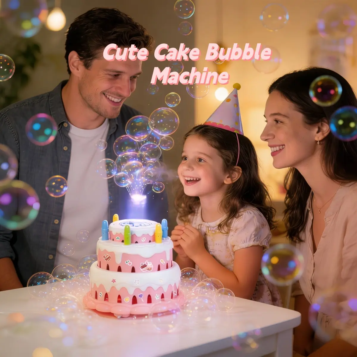 Children Birthday Cake Bubble Machine with Cool Lights Music, Electric Bubble Maker, Multifunction Bubble Maker, Indoor Outdoor Party Toy, Perfect Gift for Boys Girls