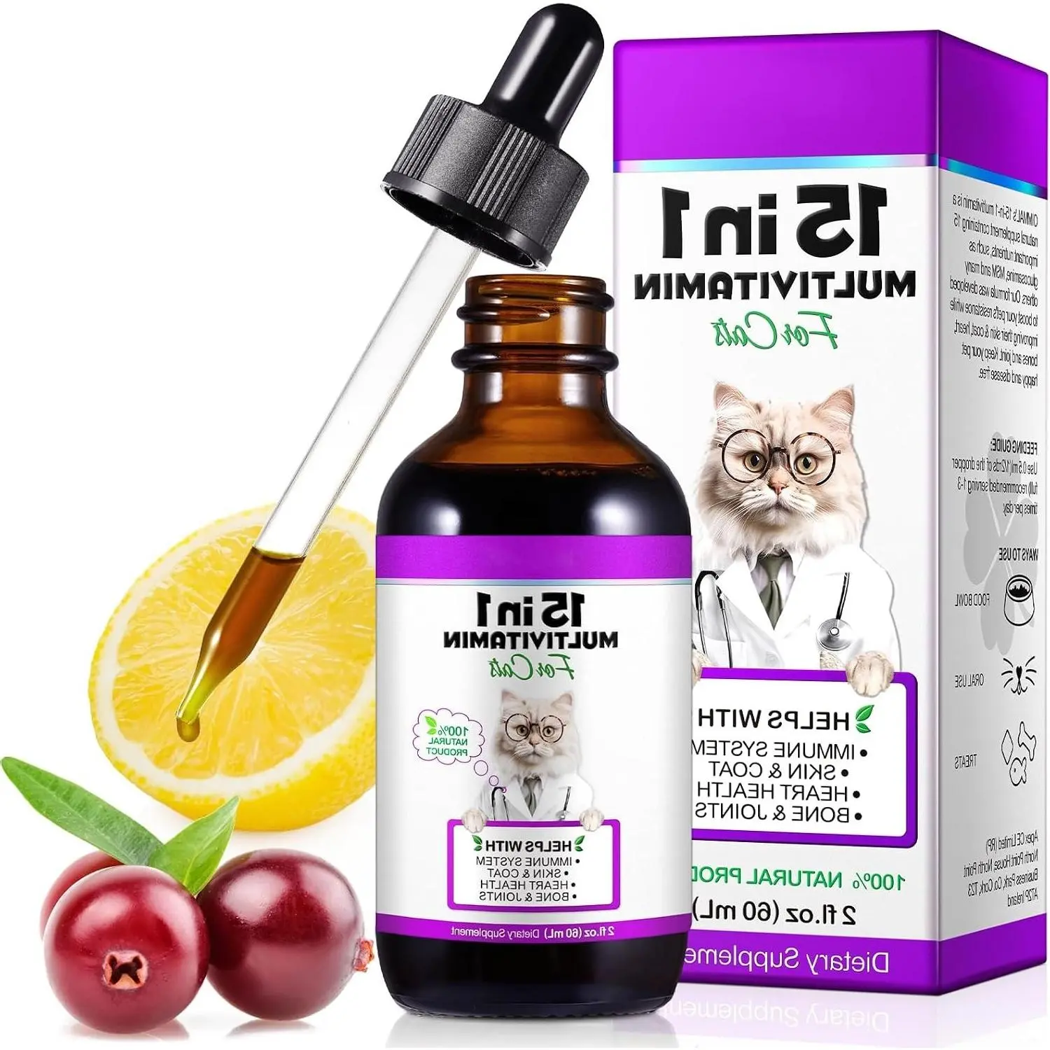15-in-1 Cat Multivitamin Liquid Drops – Supports Heart, Bones, Joints, Skin & Coat, Bladder & Immune System, 60mlGift