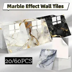 Marble Effect Wall Tiles 20/60Pcs, Self-Adhesive, Peel and Stick, Waterproof, Oil-Proof, Dirty-Resistant, Kitchen Bathroom Backsplash and Living Room Wall Decor