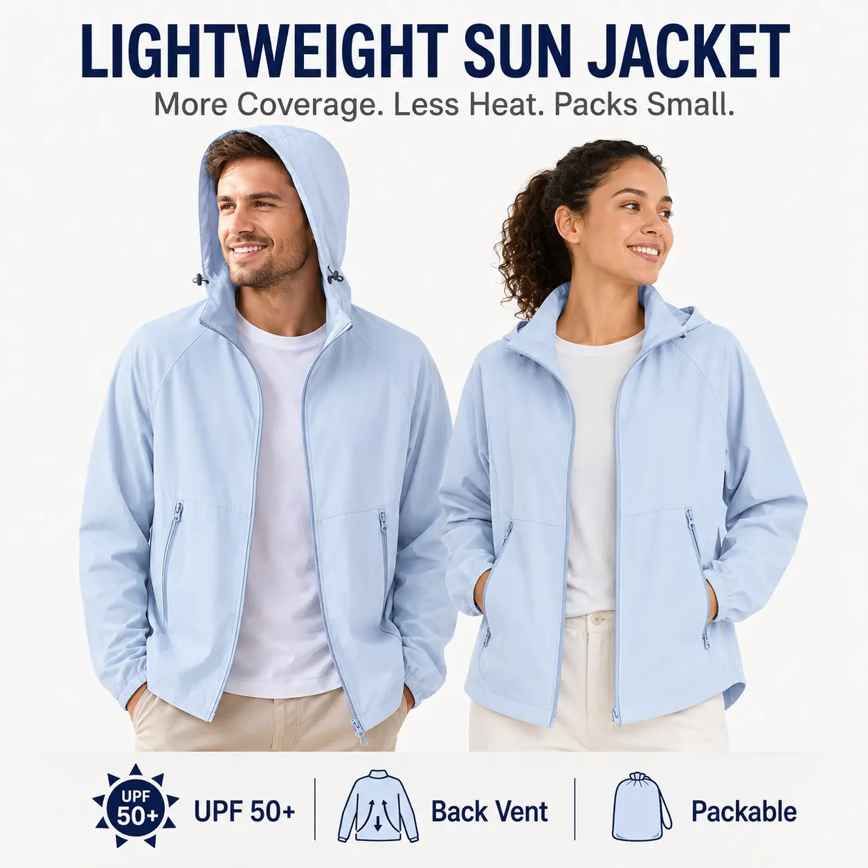 Unisex Lightweight UPF 50+ Sun Jacket for Men & Women, Cooling Breathable Full-Zip Hoodie with Detachable Hood, Back Vent, Zip Pockets and Packable Design for Hiking, Travel & Running