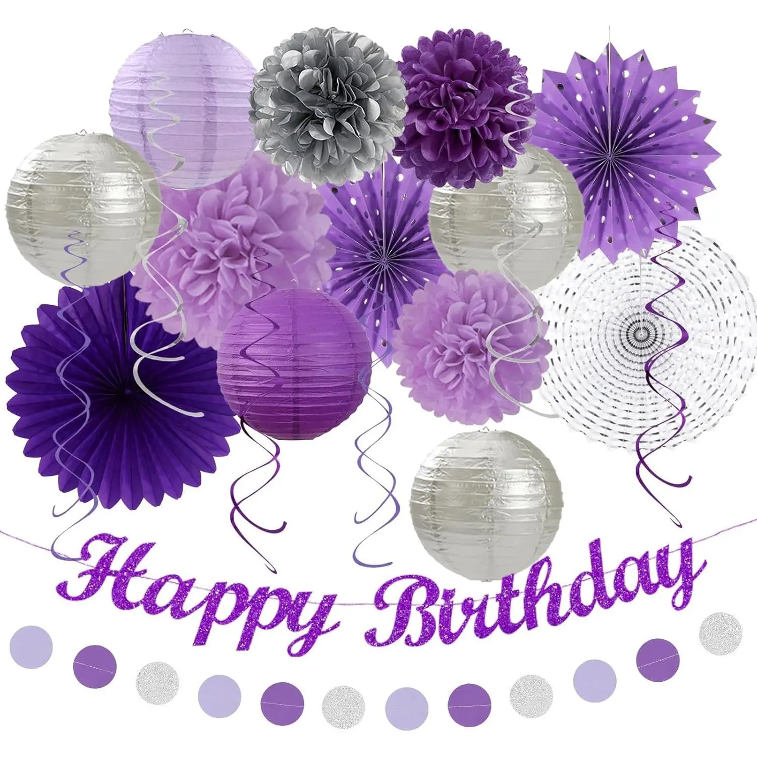 Purple Lilac-Lavender Silver Women Birthday Party Decorations - 21pc Happy Banner, Paper Lanterns Streamers, Tissue Pom Poms Honeycomb Flower Fan, Girls Hanging Decor Supplies Garland Backdrop