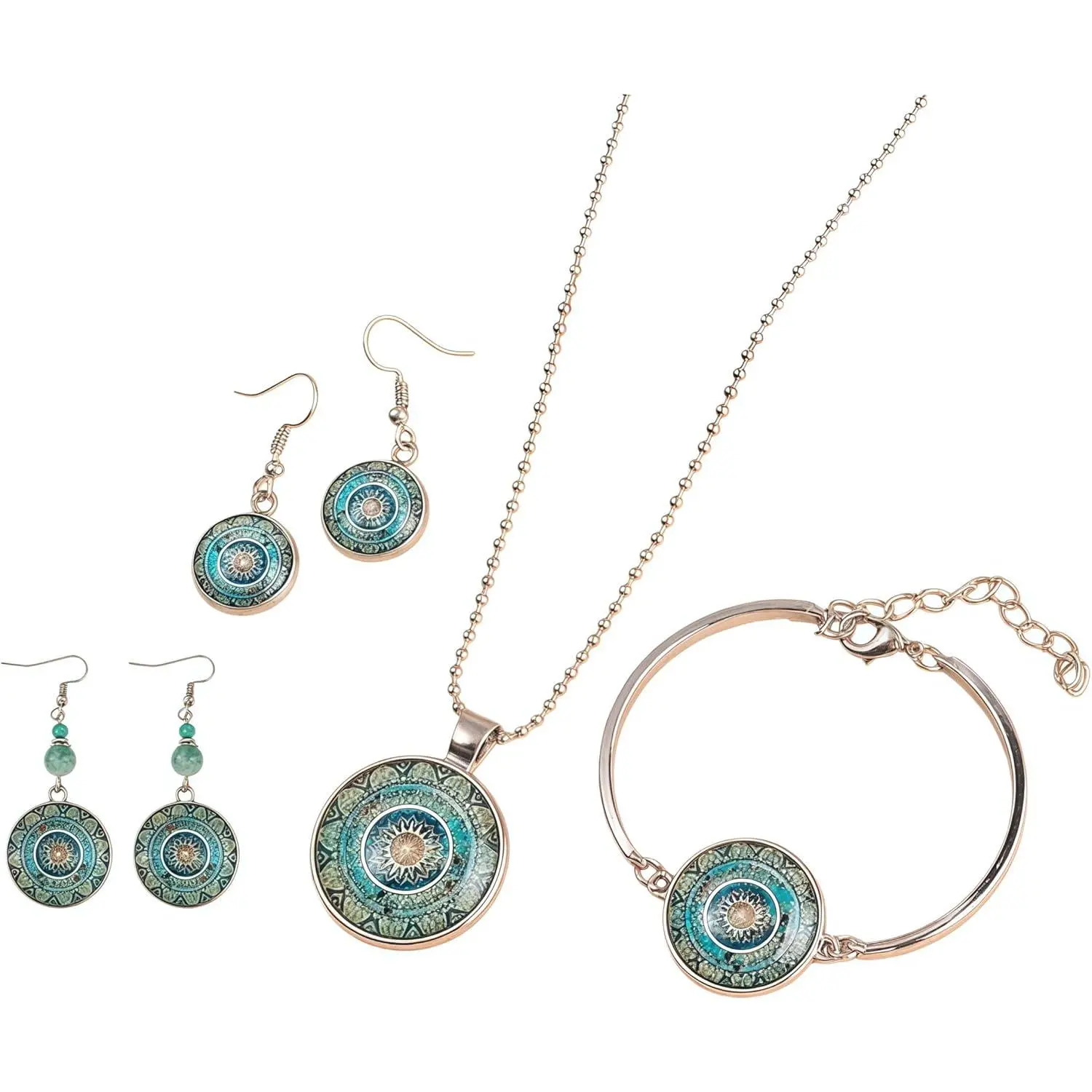 Women's  Bohemian Style, 6- Mandala Time  Necklace Flower Earrings Set Bohemian Mandala Necklace Bracelet Women's  Set