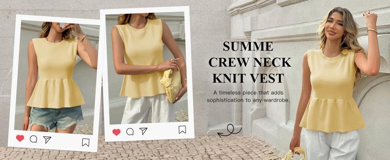 Saodimallsu Womens Sleeveless Babydoll Tank Tops Peplum Ruffle Crew Neck Ribbed Knit Summer Trendy Sweater Vest