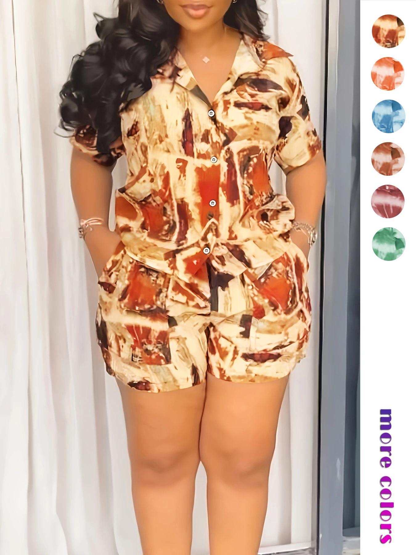 Two-piece Set Women's All Over Print Short Sleeve Shirt & Shorts, Casual Button Up Top & Shorts for Daily Wear, Ladies Summer Clothes, Fashion Clothes Set Two-piece Set Women's All Over Print Short Sleeve Shirt & Shorts, Casual Button Up Top & Shorts for Daily Wear, Ladies Summer Clothes, Fashion Clothes Set