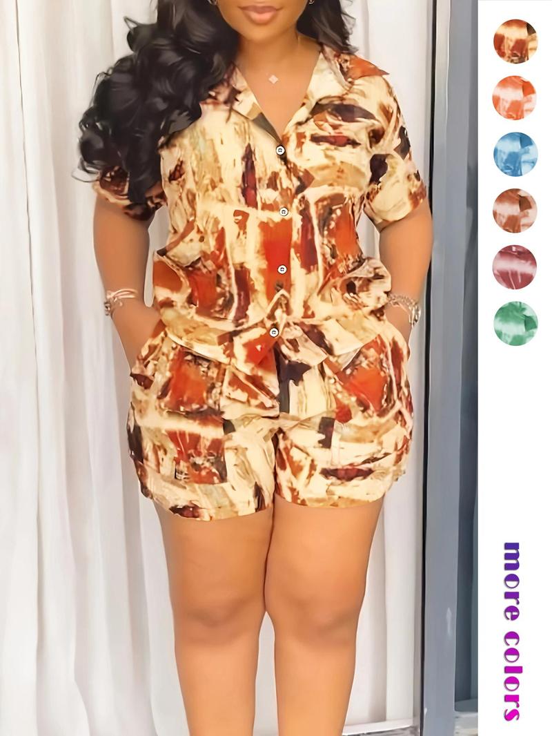 Two-piece Set Women's All Over Print Short Sleeve Shirt & Shorts, Casual Button Up Top & Shorts for Daily Wear, Ladies Summer Clothes, Fashion Clothes Set