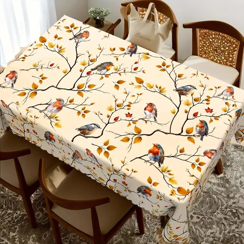 2D Flat Party Tablecloth, Autumn Leaf and Bird Design, Vintage Rustic Tablecloth, Polyester Rectangular Table Cover, Indoor/outdoor Use