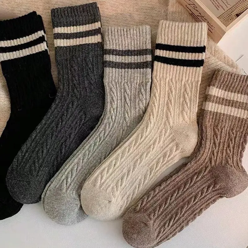 5Pairs Cable Knit Striped Crew Socks, Vintage Warm Casual Mid‑Calf Socks