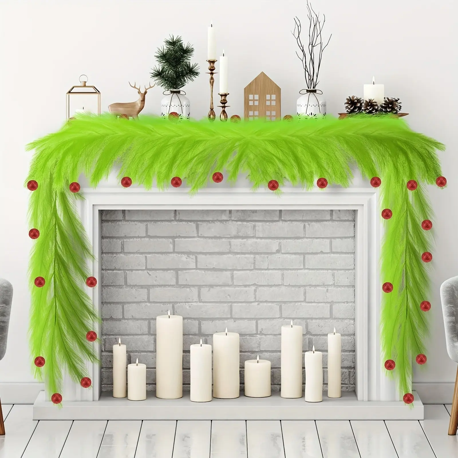 1PC 6FT Artificial Christmas Garland, Christmas Tree Topper, Christmas Pampas Grass Garland Decor with Xmas Red Balls Fluffy Faux Artificial Lime Green Garland for DIY Wall Hanging Mantel Fireplace Table Party Holiday Xmas Home Decor, New Year Gift