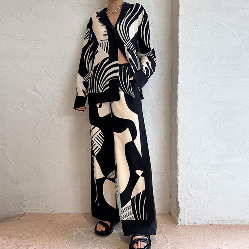2026 Spring New Women's Clothing Set Printed Batwing Sleeve Waist-Cinching Wide-Leg Pants Set