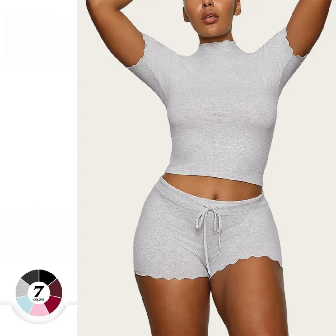 Women's Slim-fit Semi-turtleneck Stand-up Collar Short-sleeved T-shirt Shorts Set