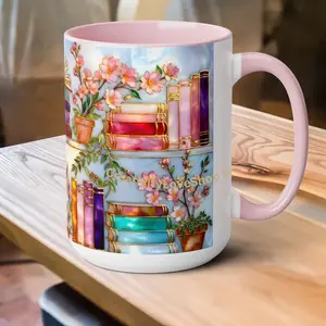Floral Bookshelf Mug for Book Lovers, Bookish Library Coffee Cup, Black Ceramic 15oz, Stained Glass Style Design, 11oz Tea Cup, 15oz Coffee Mug