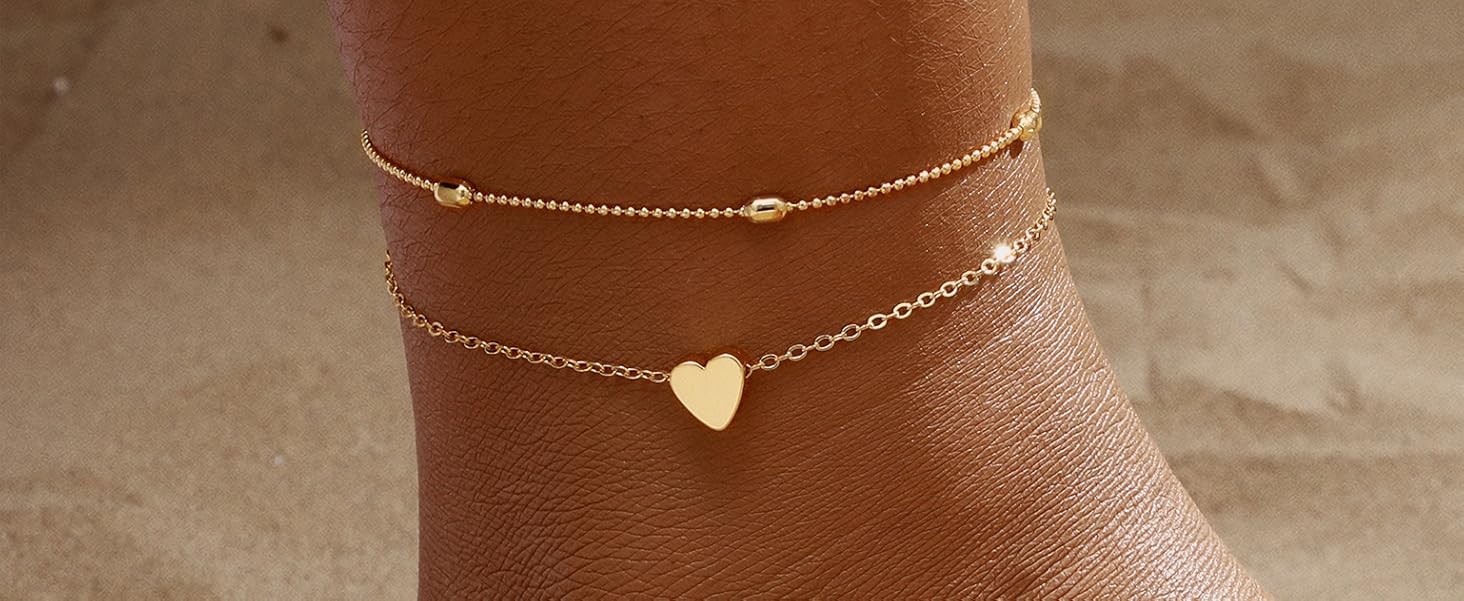 2PCS Gold Anklets for Women Waterproof Cuban Link Anklet Beaded Bracelets Stackable Bracelets 14K Gold Plated Custom Jewelry Gifts Non Tarnish Lightweight