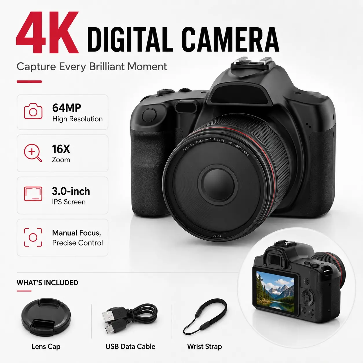 Vintage Ccd Retro Digicam 64mp 4K Uhd Pocket Vlogging Digital Camera, Auto Focus, 16x Zoom, Free 64GB SD Card, Ideal for Vlogs & Travel
