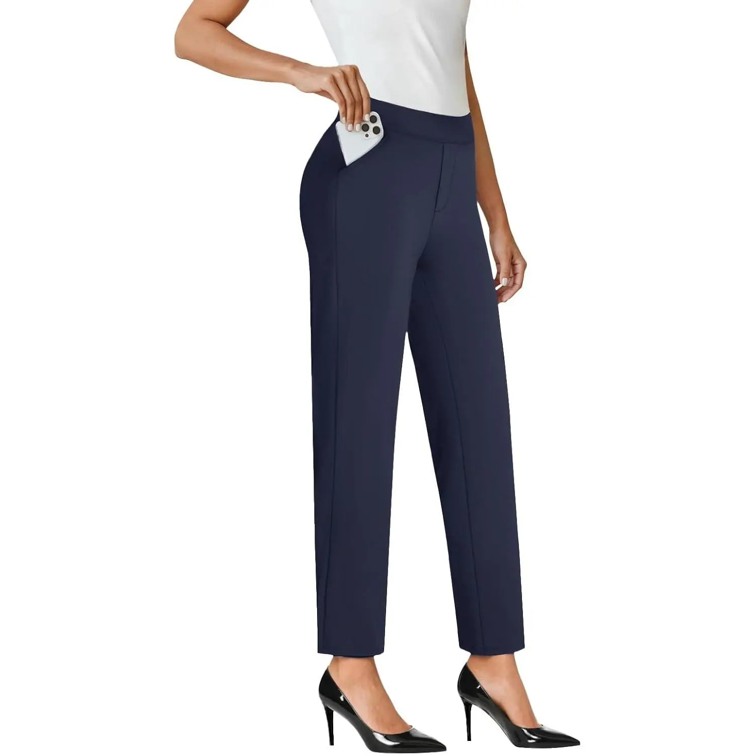 Women's High Waist Ankle Dress Pants with Pockets - Stretchy Business Casual Slacks for Work Travel Vacation, Pull On, Faux Fly, Two Pockets