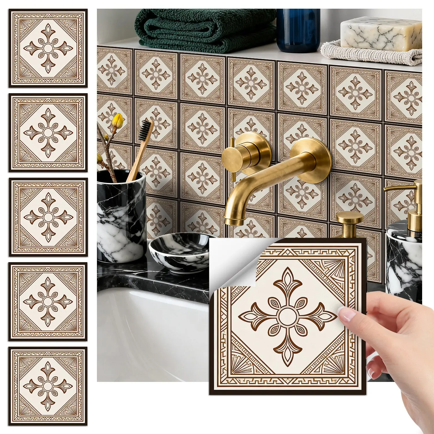 Moroccan Vintage Flower Tile Stickers, Self Adhesive Waterproof Wall Decor, Kitchen Bathroom Backsplash, DIY Home Makeover