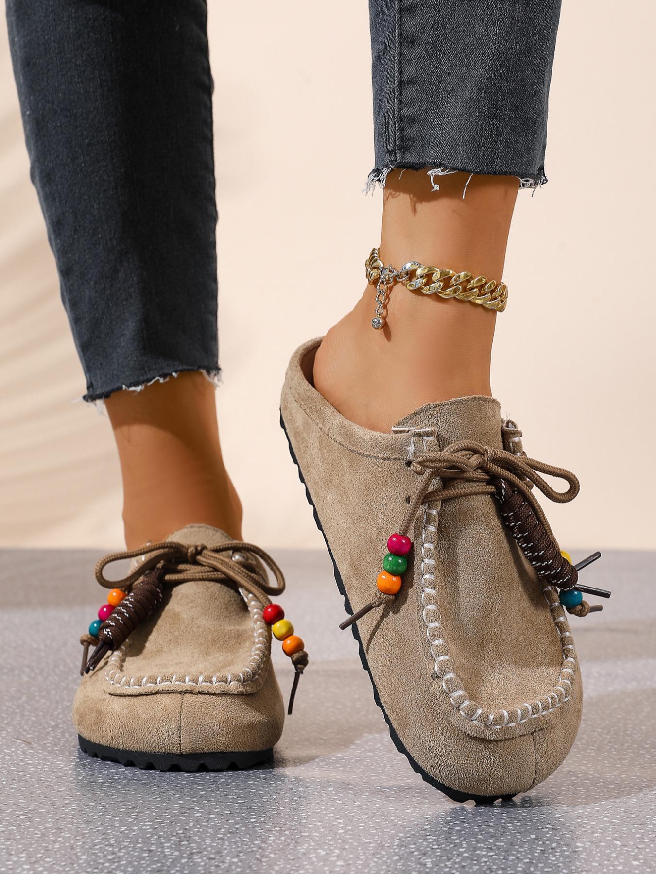 2025 New Women's Round-Toe Cork suede Clog Mules –Boho Beaded Suede Tassel Mules – Women’s Vintage Slip-On Clogs with Arch Support, Soft Cork Sole, and Colorful Beads – Cozy Fall Flats for Walking & Home Foot Clogs